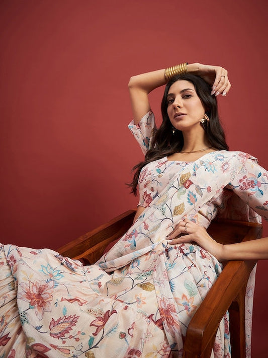 All about you Off White & Pink Floral Printed Saree