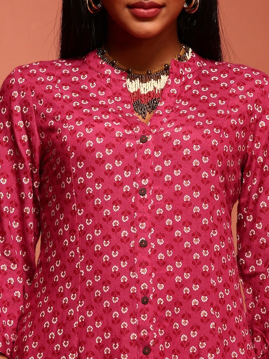 IMARA Floral Printed Mandarin Collar A-Line Kurta