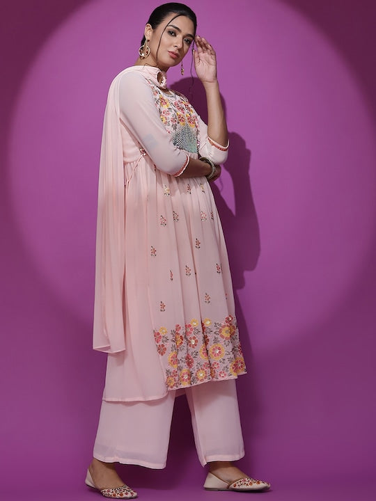 AKS Couture Ethnic Motifs Embroidered A-Line Sequinned Kurta With Palazzos & Dupatta