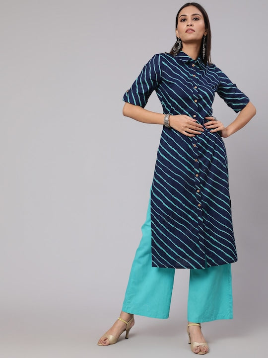 AKS Leheriya Printed Roll-Up Sleeves Cotton Straight Kurta