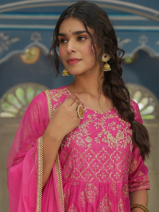 Juniper Women Pink Ethnic Motifs Embroidered Silk Anarkali Kurta