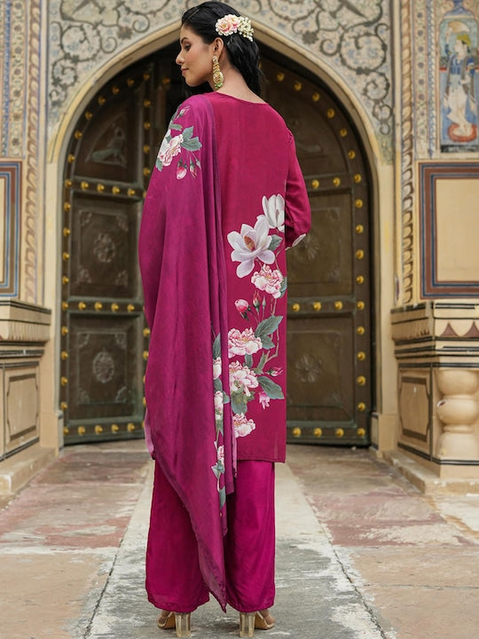 Scakhi Floral Printed Silk Crepe Kurta with Trousers & Dupatta