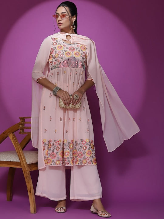 AKS Couture Ethnic Motifs Embroidered A-Line Sequinned Kurta With Palazzos & Dupatta