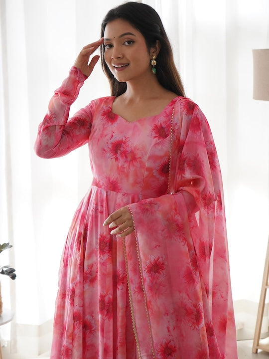 Fusionic Floral Printed V-Neck Anarkali Silk Kurta With Trousers & Dupatta