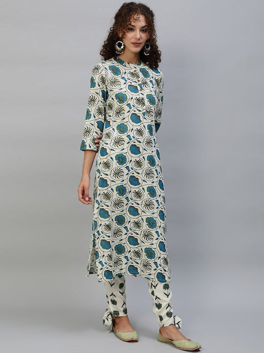 AKS Floral Printed Band Collar Regular Kurta with Trousers