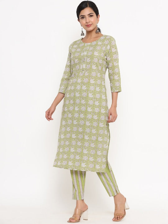 Yufta Women Floral Printed Pure Cotton Kurta with Trousers