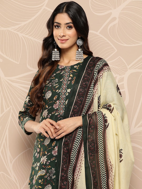 Yufta Floral Printed Regular Pure Cotton Kurta with Trousers & With Dupatta
