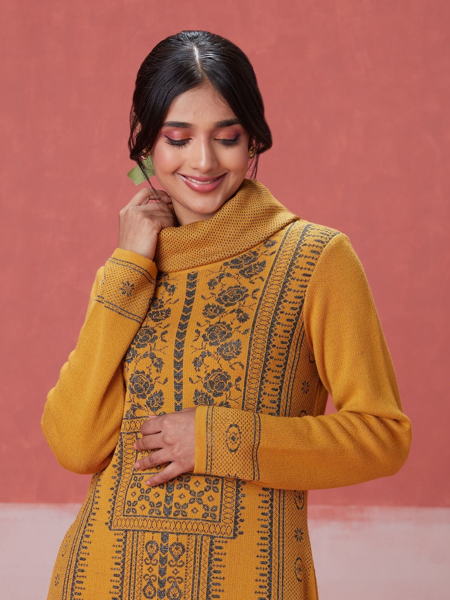 Likha Yellow Woollen Acrylic Jacquard Winter Kurta
