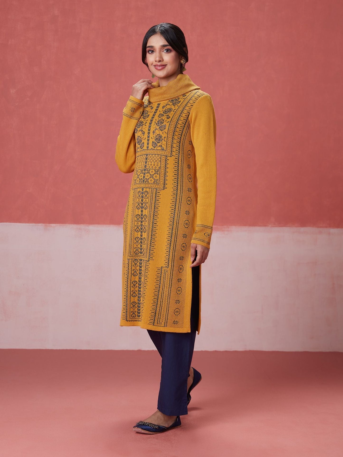 Likha Yellow Woollen Acrylic Jacquard Winter Kurta