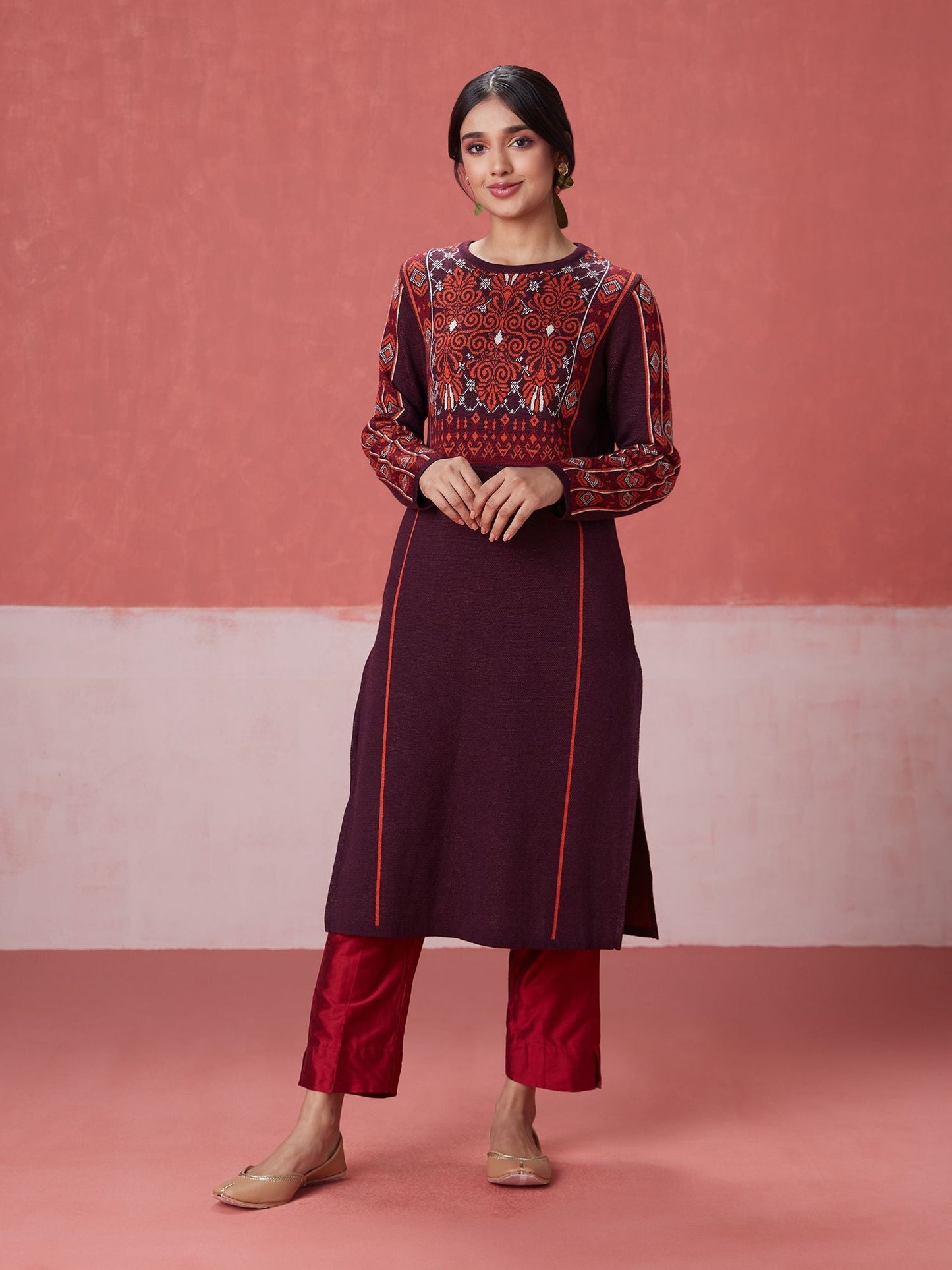 Likha Maroon Woollen Acrylic Jacquard Winter Kurta LIKWW04