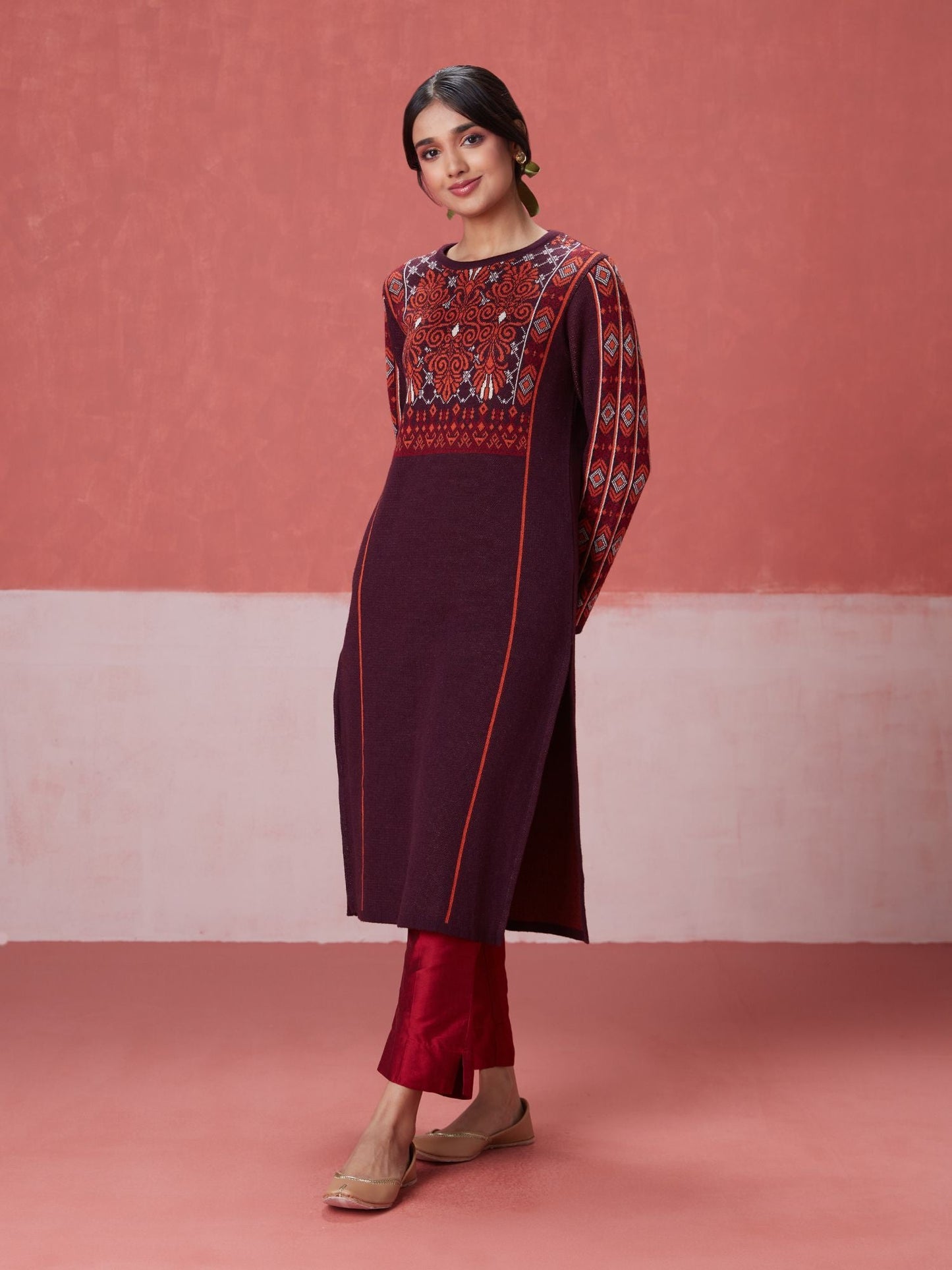 Likha Maroon Woollen Acrylic Jacquard Winter Kurta LIKWW04