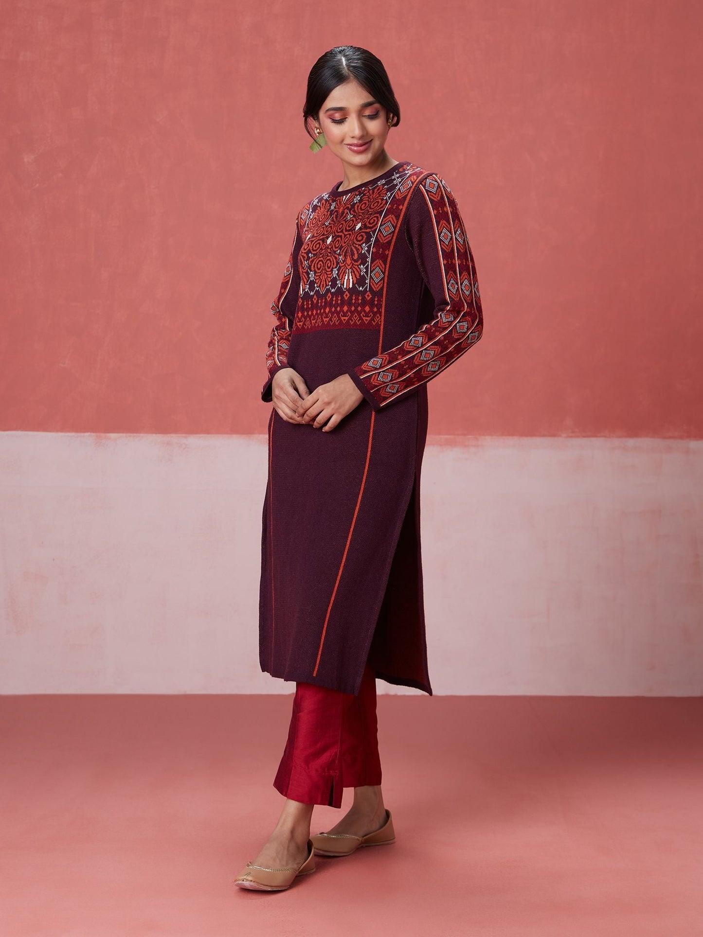 Likha Maroon Woollen Acrylic Jacquard Winter Kurta LIKWW04