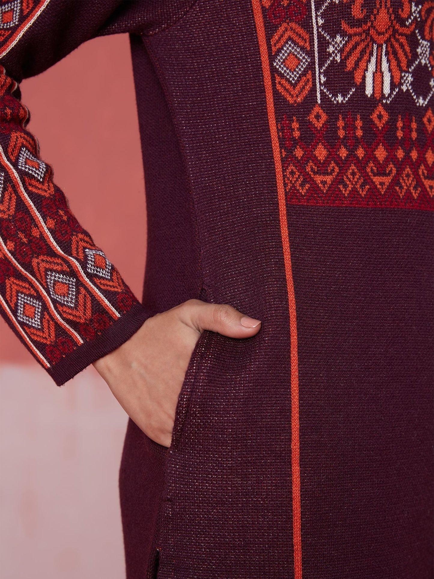 Likha Maroon Woollen Acrylic Jacquard Winter Kurta LIKWW04