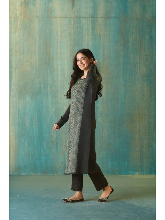 Likha Charcoal Woollen Acrylic Jacquard Winter Kurta LIKWW18