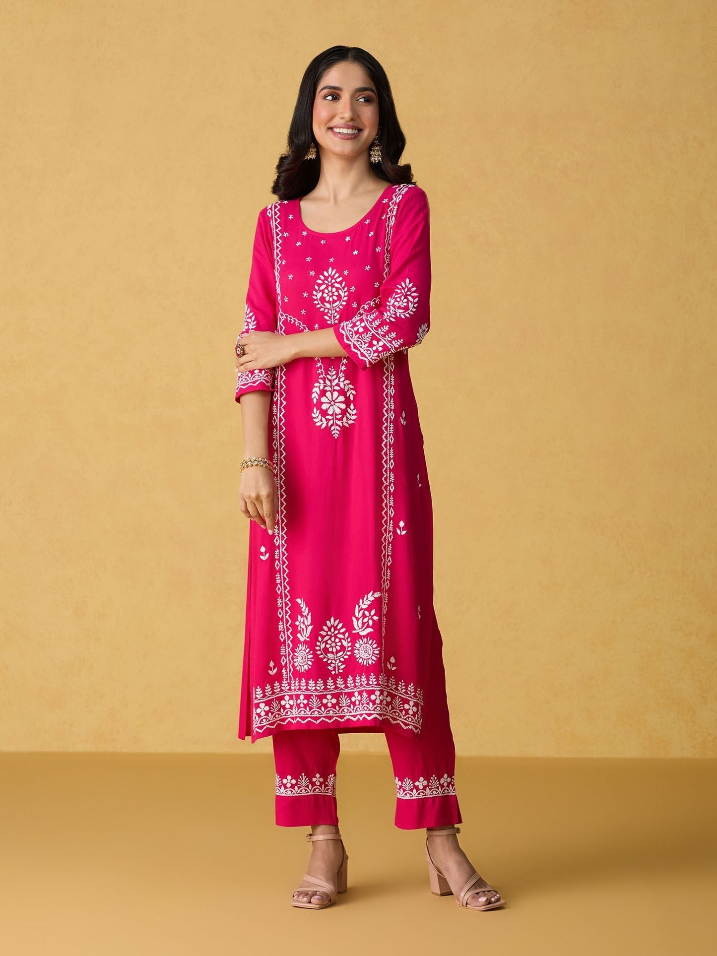 Likha Pink Chikankari Kurta Pant & Dupatta (Set of 3)