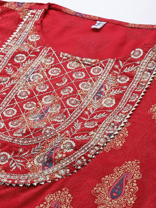 Yufta Women Red & Beige Paisley Print Gotta Patti Kurta with Trousers & Dupatta