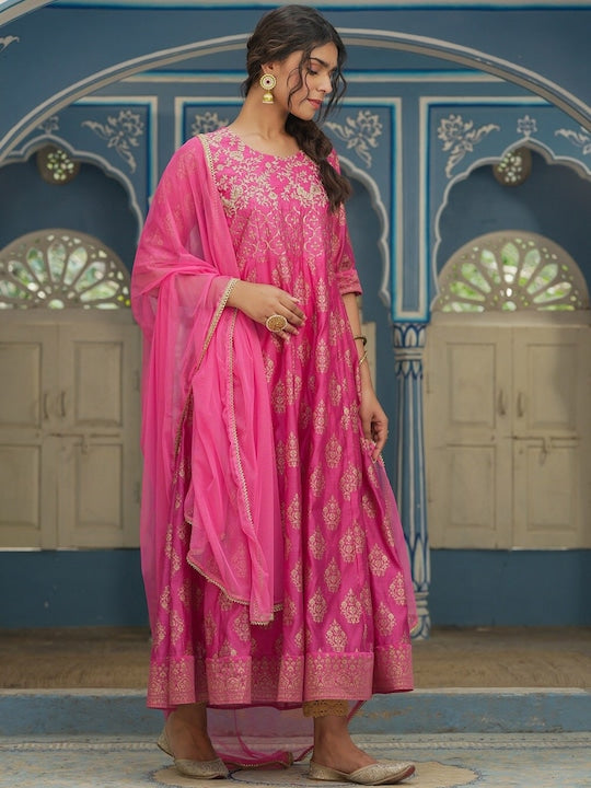 Juniper Women Pink Ethnic Motifs Embroidered Silk Anarkali Kurta