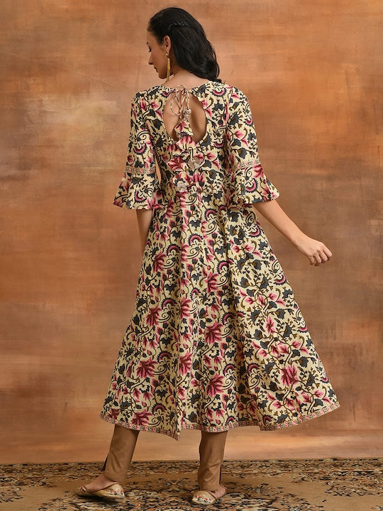 AKS Floral Printed Bell Sleeves Cotton Maxi Dress