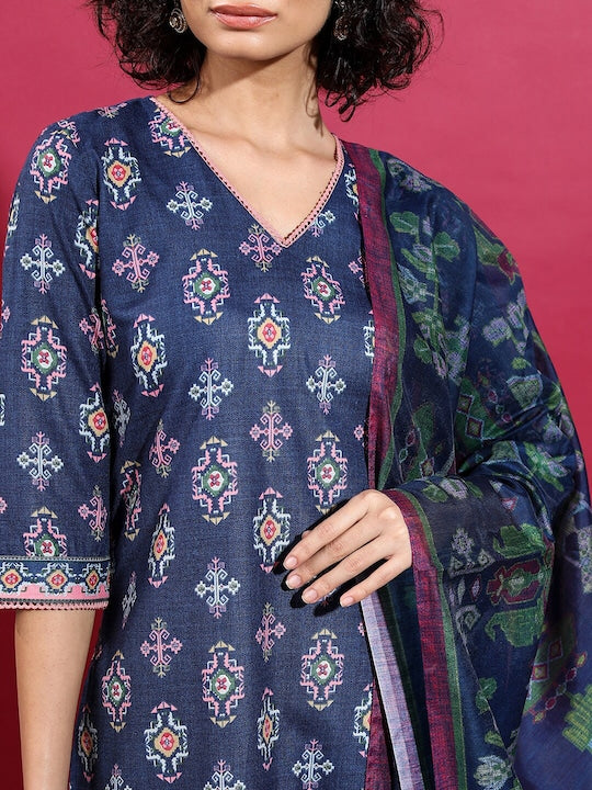 Vishudh Ethnic Motifs Printed Straight Kurta With Palazzos & Dupatta