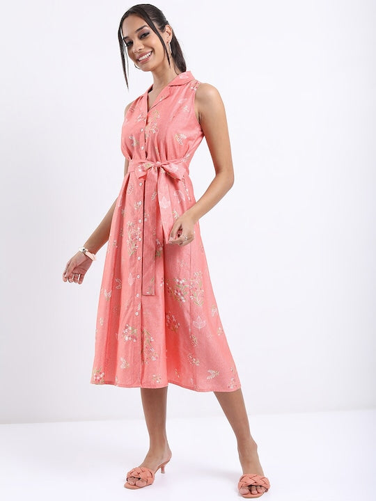 Vishudh Spread Collar Floral Printed Tie Up A-Line Midi Dress