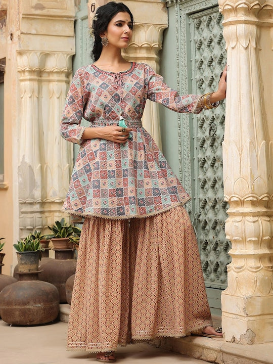 SCAKHI Women Blue Printed Crochet Work Belted Kurti with Sharara