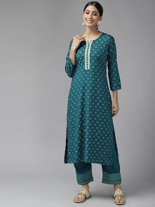 Yufta Women Teal Ethnic Motifs Printed Aari Work Kurta with Palazzos