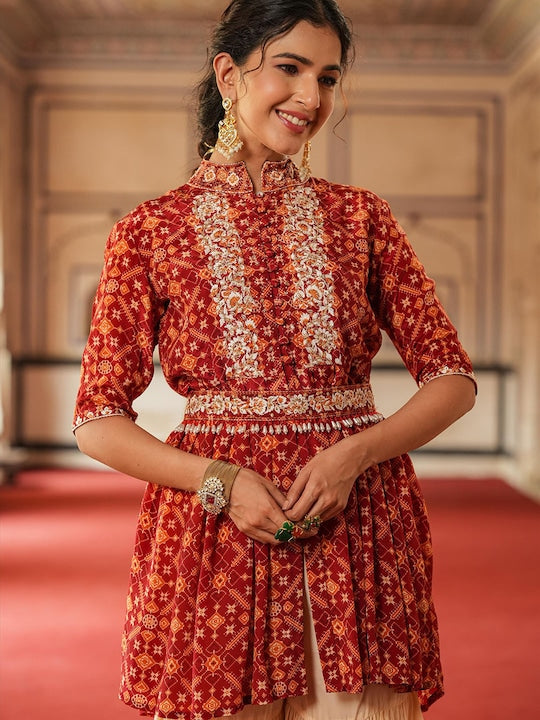 Scakhi Ethnic Motifs Printed A-Line Pleated Zari Silk Crepe Kurti With Sharara & Belt