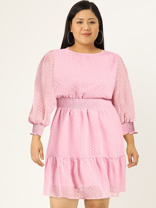 All about you Pink Dobby Weave Cinched Waist A- Line Dress