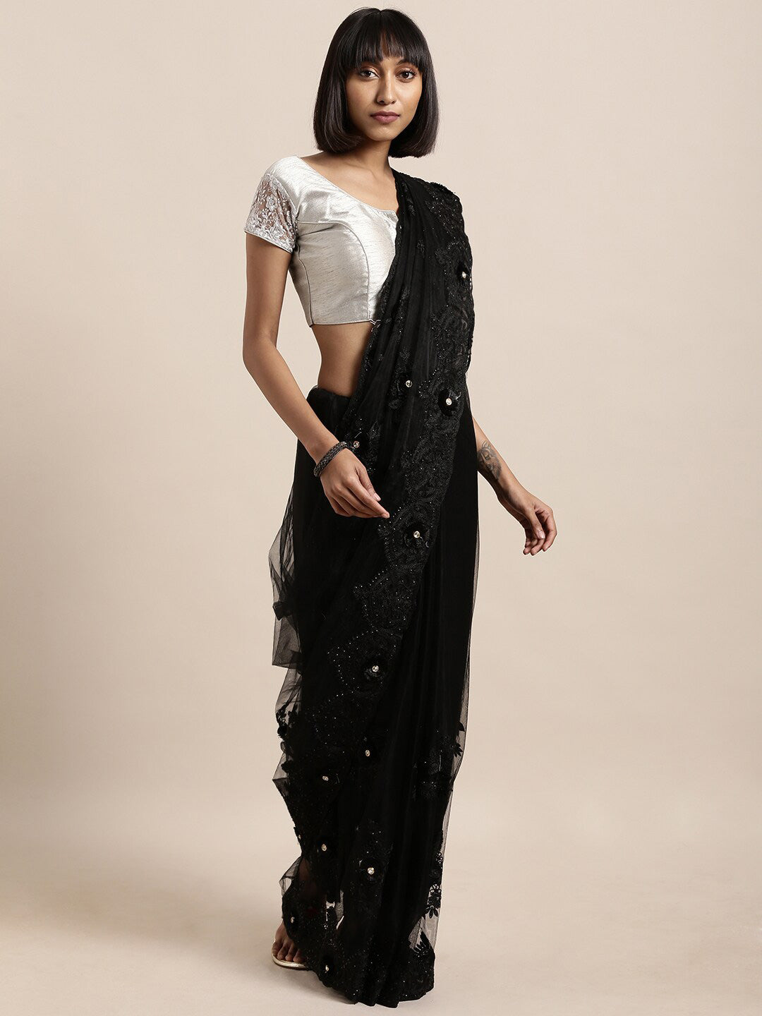 Sangria Black Floral Mirror Work Net Saree