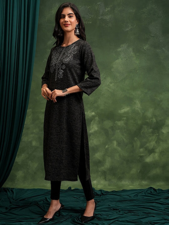 Vishudh Black Abstract Printed Beads & Stones Straight Kurta