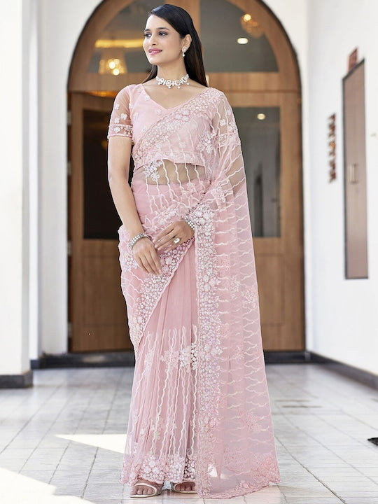 Satrani Embellished Sequinned Net Saree