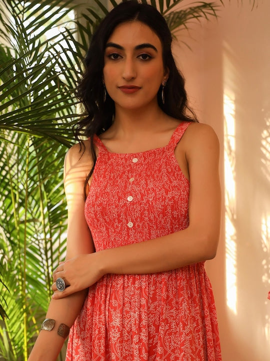 ScakhiI Women Red Floral Printed Dress with Cotton Net Jacket