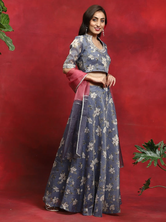AKS Floral Printed Scoop Neck Ready to Wear Lehenga & Blouse With Dupatta