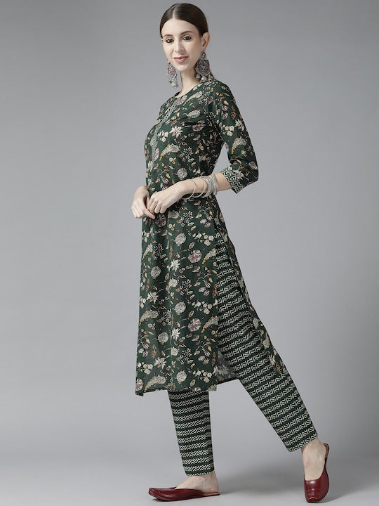 Yufta Women Green Floral Printed Pure Cotton Kurta with Trousers & With Dupatta