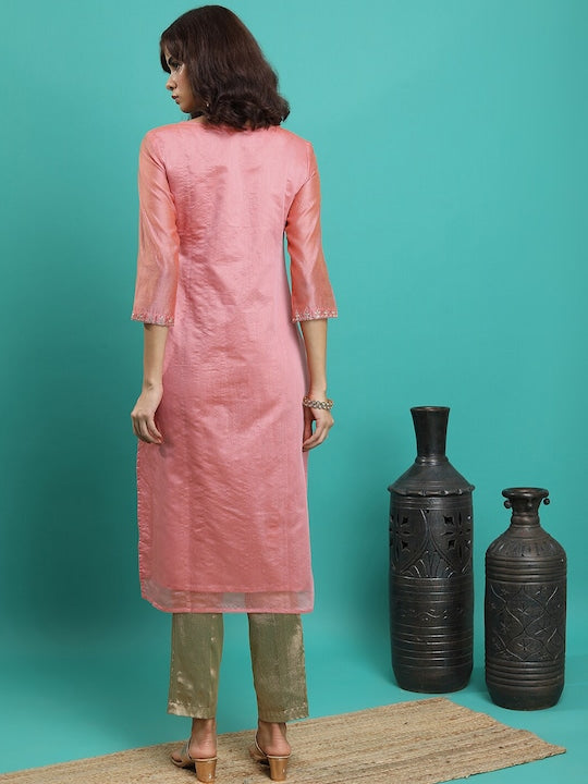 Vishudh Peach Floral Embroidered Straight Kurta