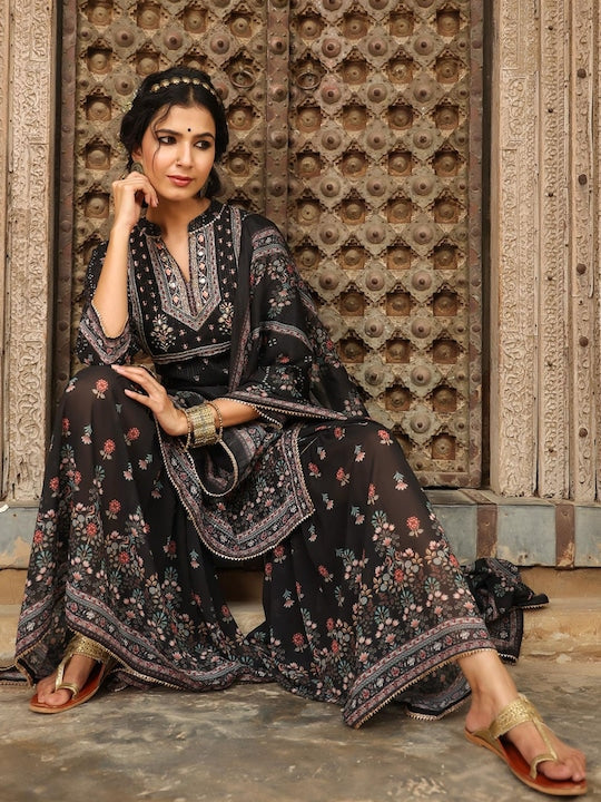 Scakhi Women Black Floral Printed Panelled Thread Work Kurta with Sharara & With Dupatta