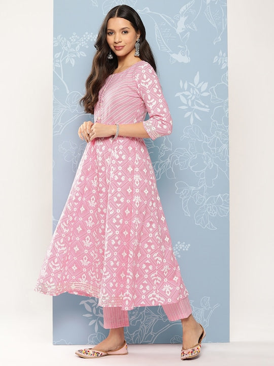 Yufta Women Printed with Chikankari Pure Cotton Kurta with Trousers & Dupatta