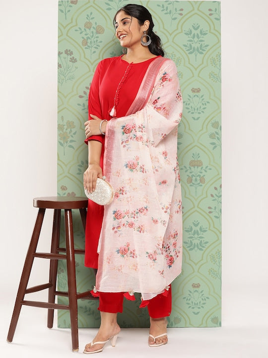 Yufta Plus Size Kantha Work Kurta with Trousers & With Dupatta