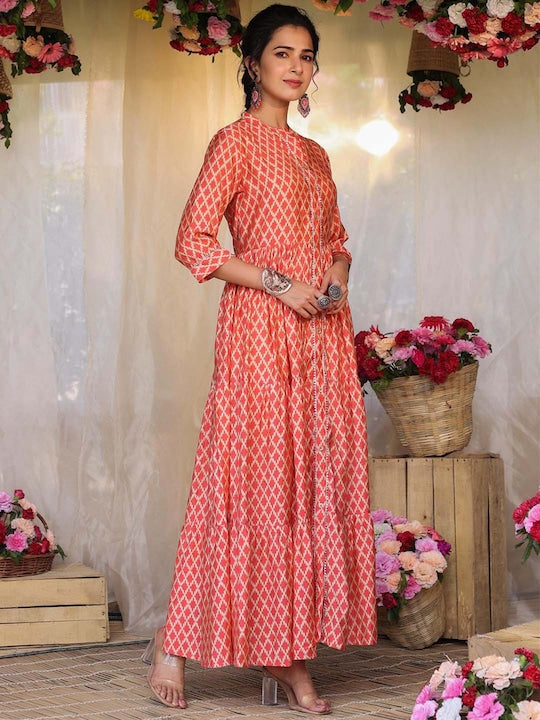 Scakhi Women Orange Printed Anarkali Kurta