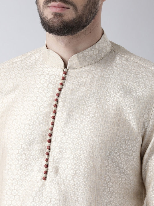 Deyann Men Cream-Coloured & Maroon Self Design Kurta with Churidar