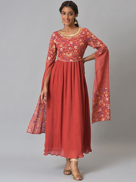 Aurelia Women Red & Gold Floral Printed Anarkali Kurta