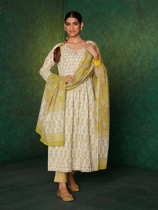 Likha Inayat Turquoise Jaipuri Printed Naira Cut Kurta Pant & Dupatta LIKSKD134 (Set of 3)