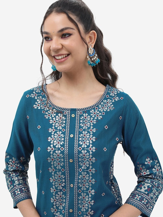 Vishudh Women Blue & Silver Ethnic Motifs Printed Regular Kurta with Trousers