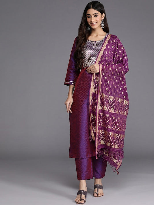 Varanga Women Purple & Gold-Toned Ethnic Motifs Embroidered Gotta Patti Kurta with Trousers & Dupatta