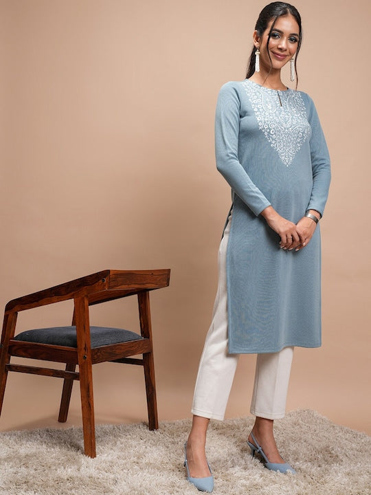 Vishudh Ethnic Motifs Embroidered Winter Keyhole Neck Kurta