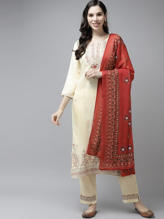 Yufta Women Cream-Coloured Floral Yoke Design Thread Work Kurta with Palazzos & With Dupatta