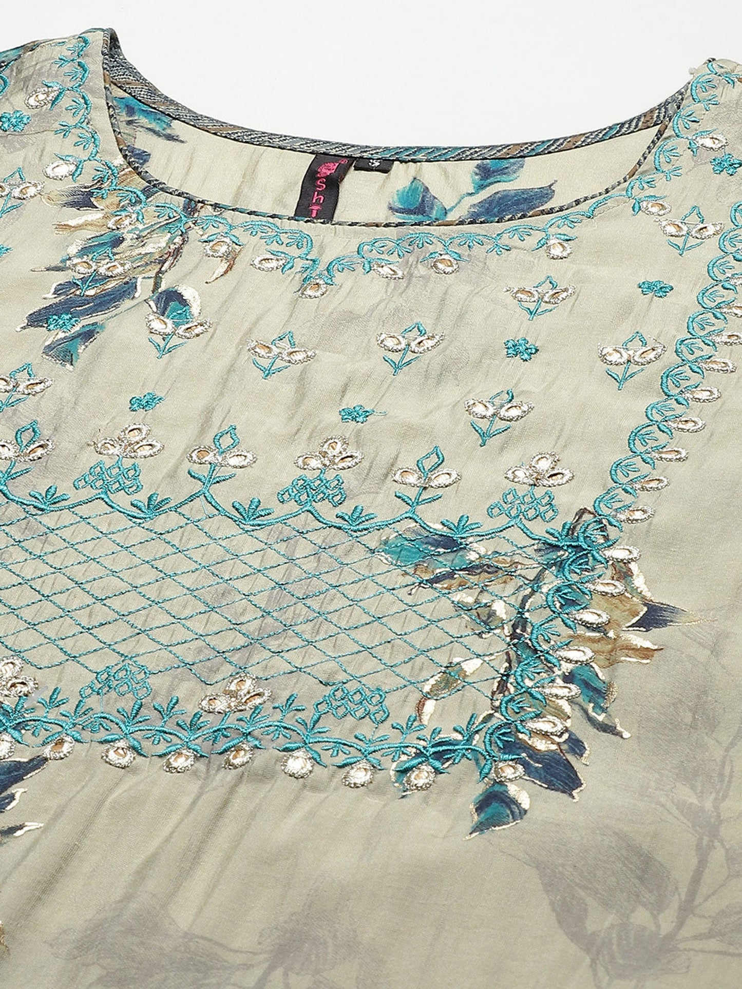 ISHIN womens Silk Blend Beige Embroidered A-line Kurta Trouser Dupatta (Set of 3)