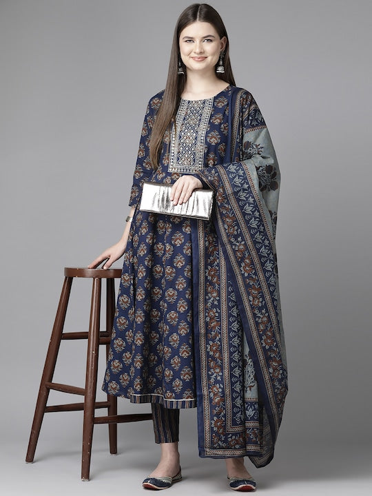 Yufta Ethnic Motifs Printed Sequinned Pure Cotton Kurta with Trousers & Dupatta
