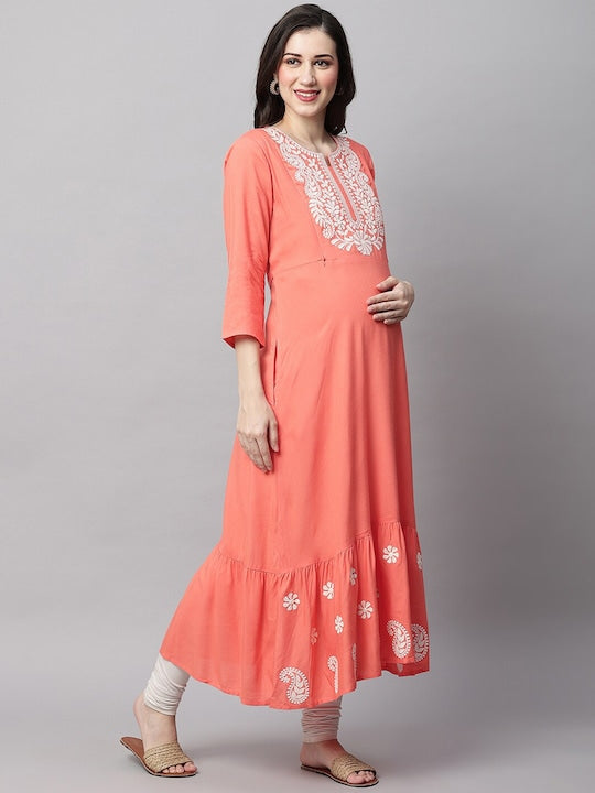 MomToBe Floral Yoke Design Notched Neck Thread Work Maternity Anarkali Kurta