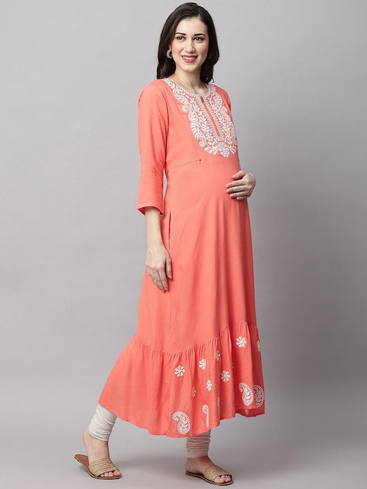 MomToBe Floral Yoke Design Notched Neck Thread Work Maternity Anarkali Kurta